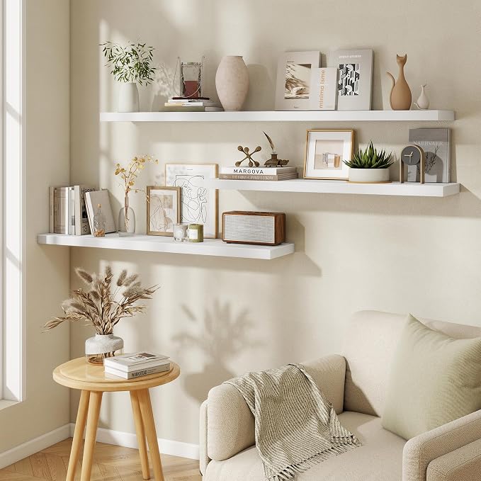 Fun Memories 48 Inch Floating Shelves in White, 9.3 Inch Deep Wall Shelves for Bathroom, Living Room, Bedroom, Kitchen, Deep Long Shelf Wall Mounted 1 Pack Shelf for Books, Decor
