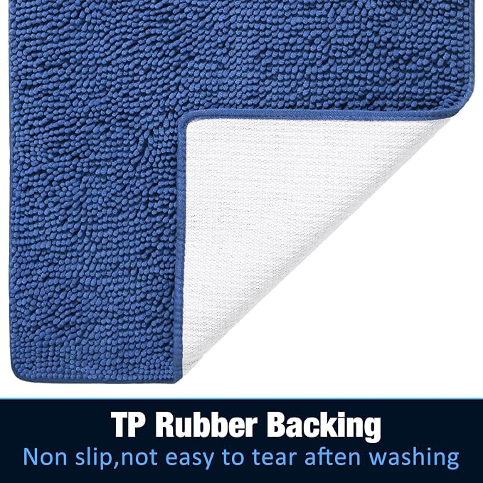 LOCHAS Luxury Bathroom Rug Shaggy Bath Mat 24 x 70 Inch, Blue | Washable Non Slip Bath Rugs for Bathroom Shower, Soft Plush Chenille Absorbent Carpets
