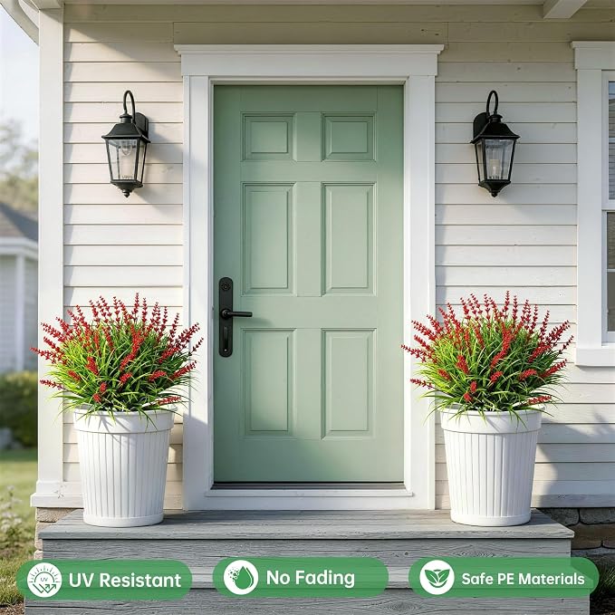 Gipsot 15 Bundles Artificial Faux Plants Flowers UV Resistant No-Fade, Adjustable Height Fake Greenery Indoor & Outdoor Decor for Window Garden Porch Patio Pathway Hanging Planter Front Yard, Red