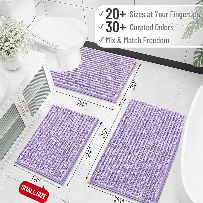 OLANLY Bathroom Rugs 36x24, Thick Soft Absorbent Chenille Bath Rugs | Lavender, Shaggy Bath Mat with Quick-Drying Rubber Backing, Washable for Floor, Tub and Shower, Home Decor Accessories