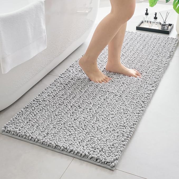 Bathroom Rugs Non Slip Washable 44x24, Extra Thick Soft Chenille Absorbent Bath Mat, High Density Barrier Non Slip Backing, Quick Dry Plush Shaggy Floor Carpet for Tub&Shower, Silver