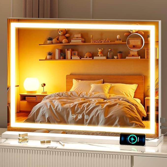 Vanity Mirror with Lights, 28" x 20" LED Makeup Mirror with 10X Magnification, Dimmable 3 Modes, Memory Function, Smart Touch, USB Charging Port, Lighted Makeup Mirror Square White