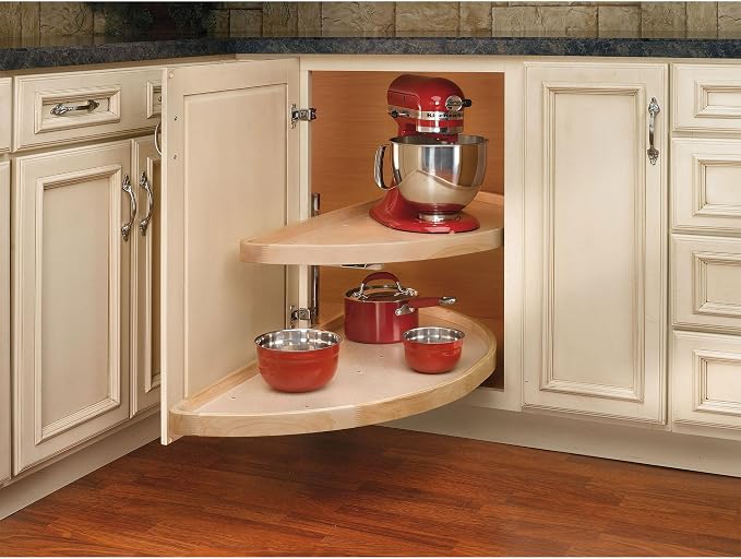 Rev-A-Shelf 35" Dual Shelf Half Moon Lazy Susan Organizer for Diagonal Blind Corner Kitchen Cabinets, Pullout Turntable Trays, Wood, 4WLS882-35-570