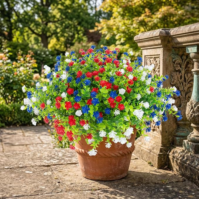 Hananona 24 Pcs Artificial Flowers Outdoor, Faux Artificial Plants UV Resistant Plastic Patriotic Flower Bulk for 4th of July Hanging Planter Porch Window Home Summer Decor (24, Red, White, Blue)