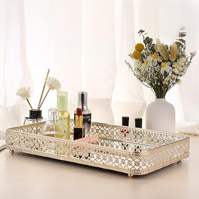 ELLDOO Gold Mirror Glass Perfume & Makeup Vanity Tray, Large Size | Hollow-Carved Jewelry Storage, Metal Trinket Organizer for Dresser Bathroom Countertop