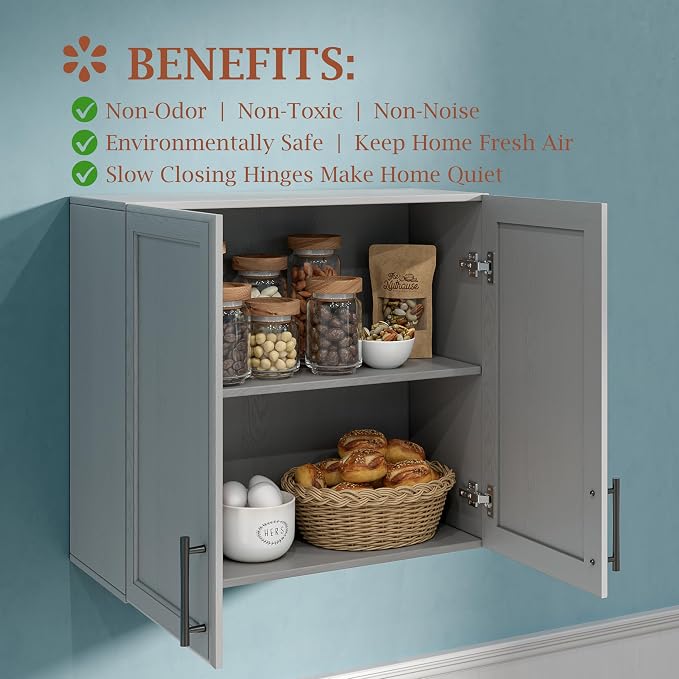 FIMELLO 12" D x 24" W x 22" H Kitchen Cabinet Wall Cabinets, Laundry Room Cabinets, Wall Mounted Bathroom Cabinet, Medicine Cabinet for Laundry Kitchen Garage, Ash Grey, Set of 2