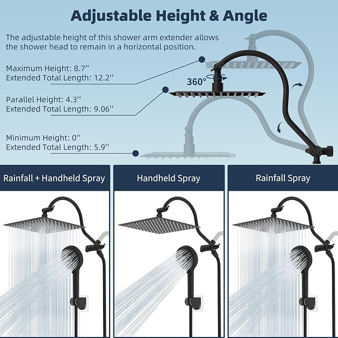 Hibbent 12'' All Metal CUPC Certified Shower Head, High Pressure Rainfall Shower Head, Handheld Showerhead Combo, 12'' Adjustable Extension Arm, 10-Spray, 71'' Hose, Showerhead Holder, Matte Black