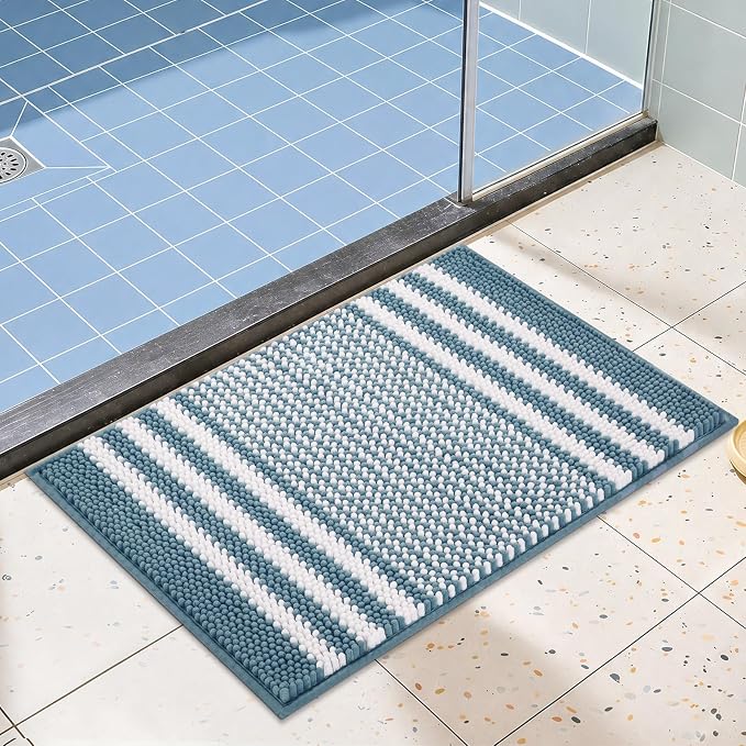 Bathroom Rugs, 24x16 Inch Extra Soft Absorbent Shaggy Chenille Bath Rugs, Non Slip Backing Quick Dry Machine Washable Modern Bath Mat for Bathroom Floor, Home Decor Accessories,Denim Blue