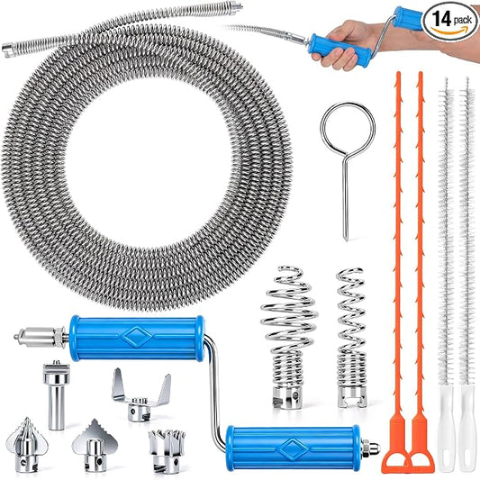 ACOCO 16.4FT Drain Snake, Drain Auger with Drill Attachment, 6 Cutter Heads | 14-in-1 Heavy-Duty Plumbing Snake Drain Clog Remover with 2 Hair Catchers & 2 Brushes for Kitchen Sink, Bathtub and Shower