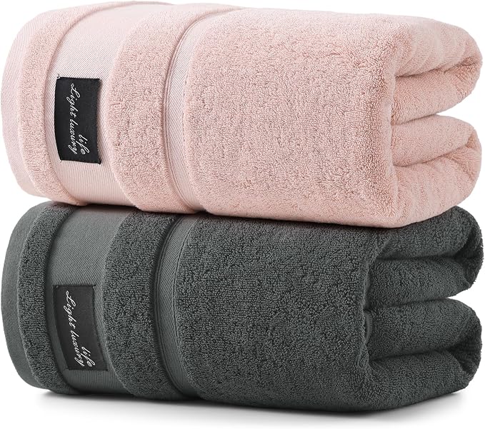 REDKISS 2 Pack Large Bath Towels Set, 100% Cotton, 31x63 in, Heavyweight 760G, Highly Absorbent & Quick Dry, Super Soft Luxury Towels for Bathroom,Hotel Collection - Pink Dark Gray