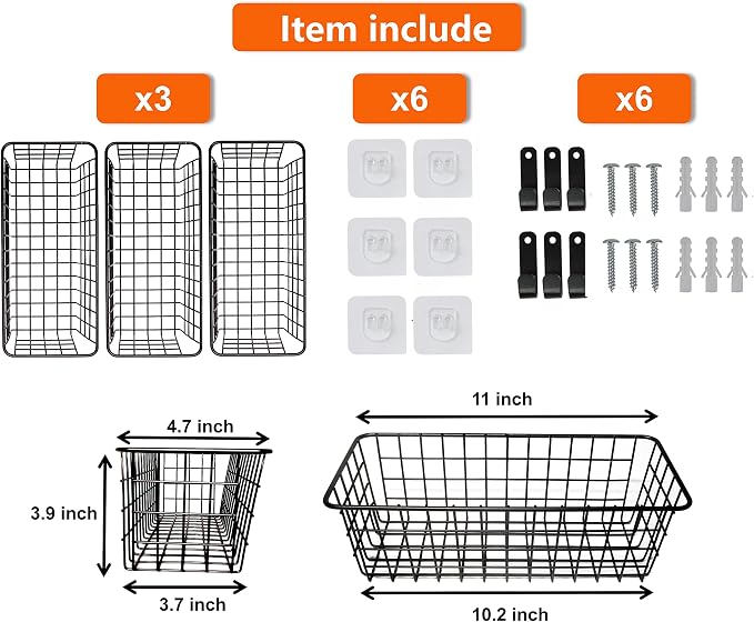Joben Oligey 3 Set Hanging Wire Baskets ,Wall Mount Fruit Basket,No Drilling,Adhesive Small Metal Basket,Farmhouse Food Storage Mesh Bin Kitchen Pantry Laundry Bathroom Closet Garage RV ,Black