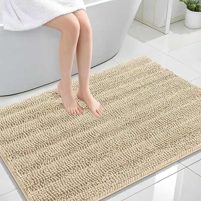 OLANLY Thick Large Bathroom Rugs 44x32, Soft Chenille Bath Rugs, Beige | Absorbent Striped, Rubber Backing, Machine Wash Dry, Bath Mats for Bathroom Floor, Tub and Shower, Home Decor Accessories