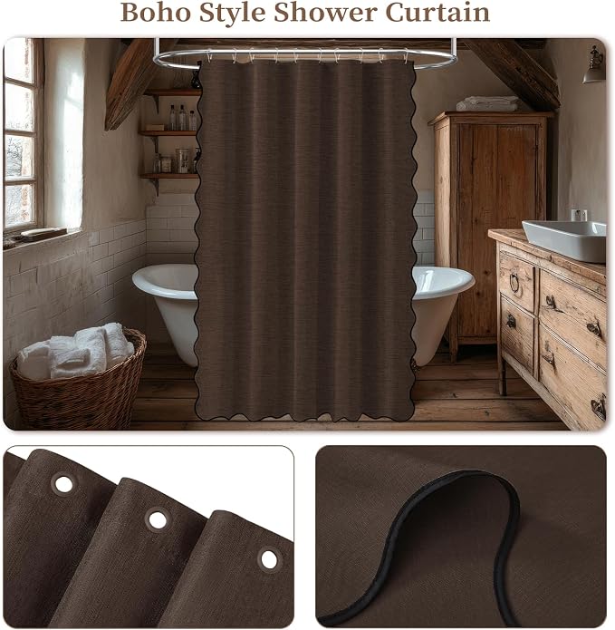 60x72 Boho Scalloped Linen Textured Cloth Shower Curtain Set, Brown | Narrow Size, 230GSM Waterproof Polyester, Heavy Duty Fabric, 10 Plastic Hooks, Chic Modern Farmhouse Style, Machine Washable