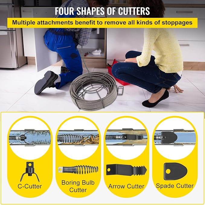 VEVOR Drain Cleaning Cable 75ft x 3/8 inch Solid Core Cable Sewer Cable, Drain Auger Cable Cleaner, Snake Clog Pipe Drain Cleaning Cable W/Four Shapes of Cutters