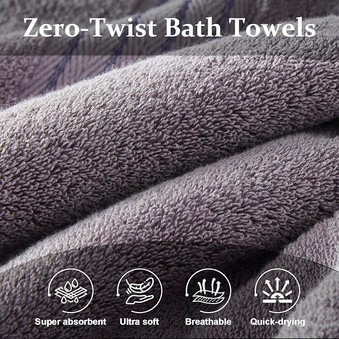 COZYART Luxury Bath Towels 4 PCS, 27x54 650 GSM Turkish Cotton, Grey+Yellow | Zero Twist 100% Ring Spun Cotton, Fluffy, Ultra Soft, Super Absorbent, Quick Dry, Large Towels for Hotel Spa Bathroom Shower