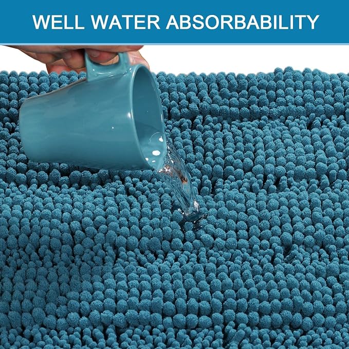 H.VERSAILTEX Bathroom Rugs Bath Rugs for Bathroom Non Slip Bath Mats Extra Thick Chenille Striped Rug 17" x 24" Absorbent Soft Shaggy Washable Dry Fast Bath Mats for Bath Room Floor - Turquoise Blue