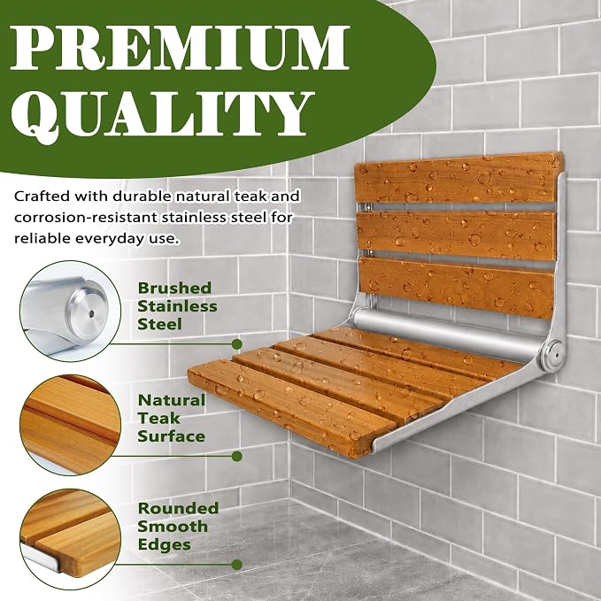 Folding Shower Seat Teak, Folding Shower Seat Wall Mounted, Foldable Shower Chair for Home Care, 450 lbs Capacity (Stainless Steel, 13'' D x 17'' W x 10'' H)