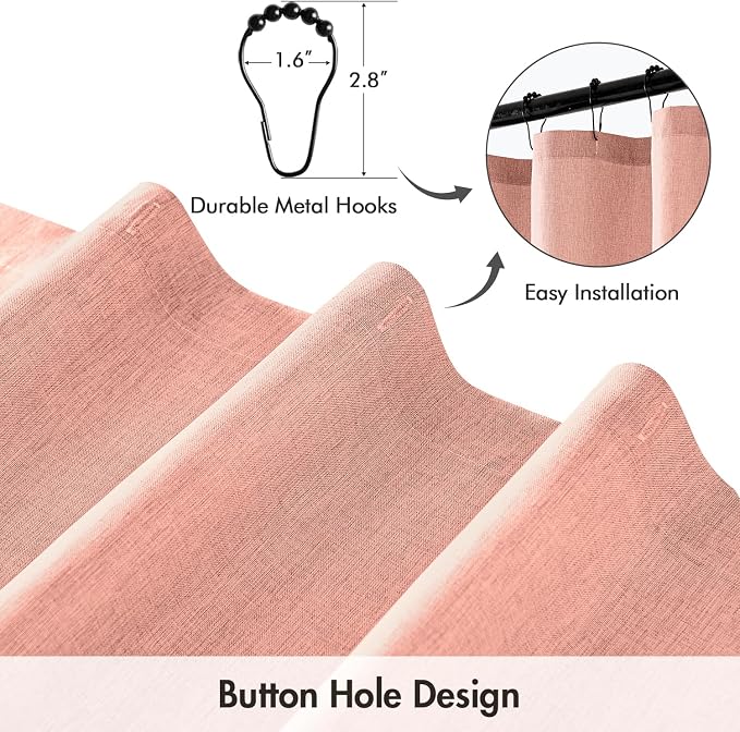 ANRODUO Blush Pink Linen Textured Fabric Shower Curtain Set - W72xL72 | Farmhouse Shower Curtain with 12 Metal Hooks, Waterproof Heavy Duty, Button Hole Design, Machine Washable for Bathroom