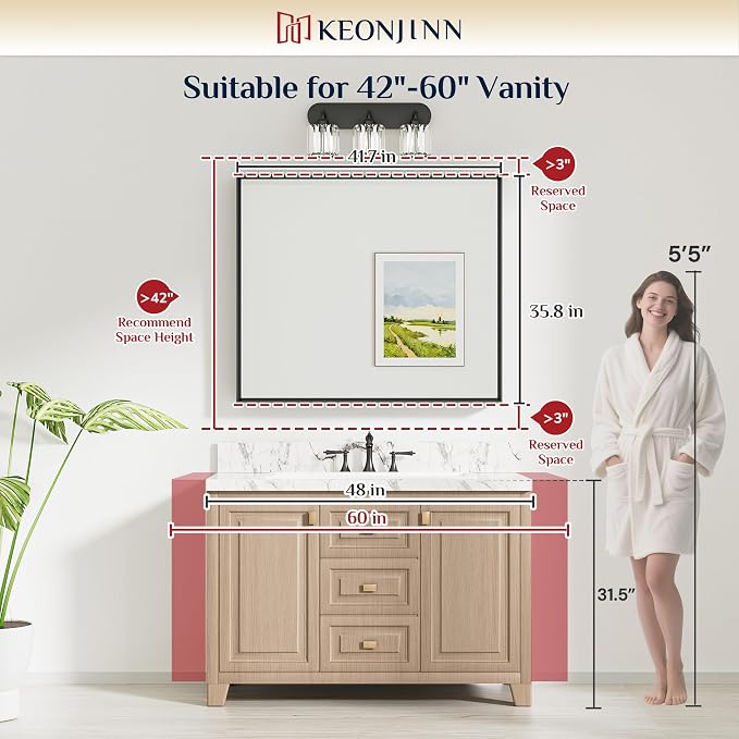 Keonjinn 42 x 36 Inch Black Bathroom Mirrors for Over Sink, Metal Frame | Rectangular Mirrors for Wall, Beveled Framed Design, Rustic Bathroom Vanity Mirror, Safety HD Tempered Glass, Square Corner