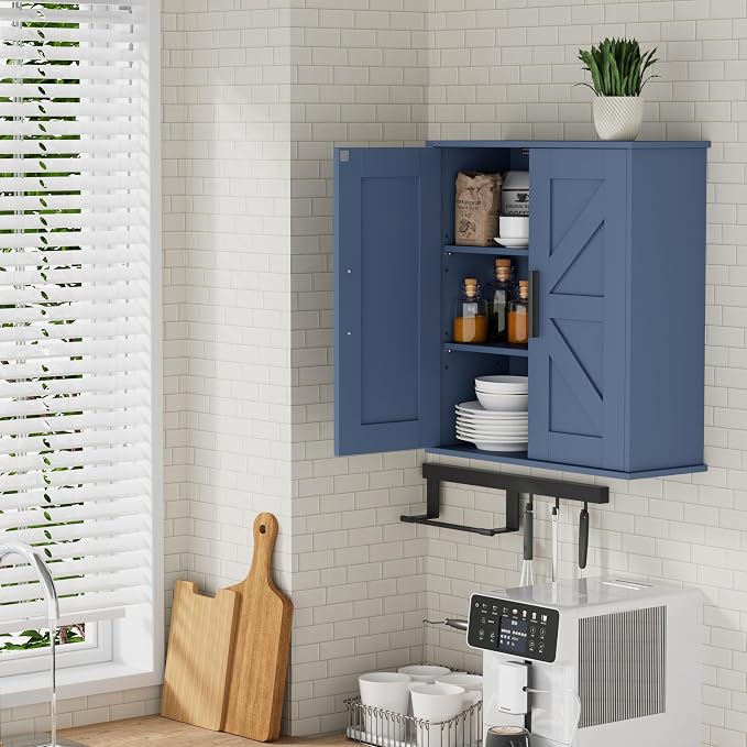 Homleke Bathroom Wall Cabinet, Medicine Cabinet with Adjustable Shelves | 3-Tier Wall Mounted Over Toilet Storage with Barn Doors, for Bathroom, Kitchen, Entryway, Laundry Room, Blue, (7.9" D)