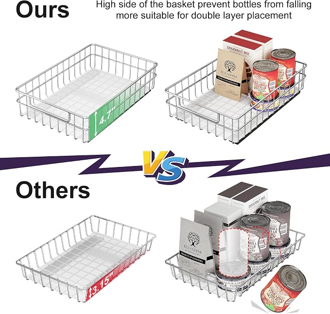 Pull out Cabinet Organizer, Stainless Steel 2-Pack (9.8"W x 16.5"D) Full-Extension Slide out Drawer, Adhesive Roll out Can Spice Storage Basket Shelf Rack for Pantry, Kitchen, Bathroom, Home Closet