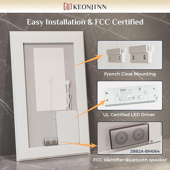 Keonjinn 32 x 36 Inch LED Bathroom Mirror with Lights, Frontlit & Backlit | Bluetooth Speaker, Bluetooth Mirror Bathroom, Stepless Dimmable 3-Color Lights, Tempered Glass, Fast & Safe Defogging, CRI90+