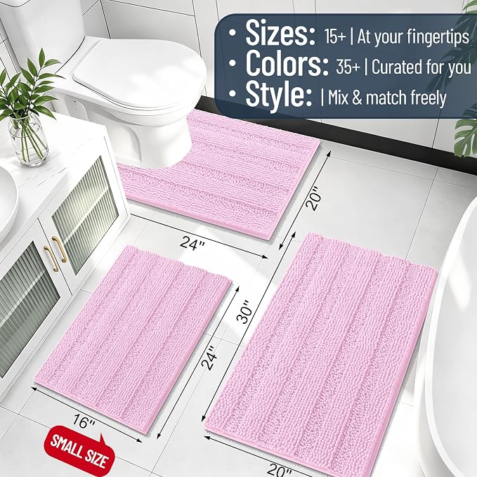 Smiry Thick Chenille Bathroom Runner Rugs 44x24, Absorbent Bath Mat, Pink | Quick‑Dry & Machine Washable, Non‑Slip Bath Carpet, Soft Striped Bath Rugs for Tub & Shower, Modern Home Decor Accessories