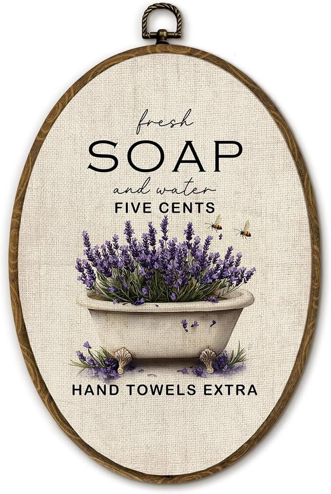 Yjeslw Vintage Lavender Bathroom Oval Wall Art Decor, Rustic Farmhouse Canvas Prints Framed, Cottagecore Neutral Flower Bathtub Wall Hanging Decor for Bathroom Washroom Decor, 8.6x11.4 In