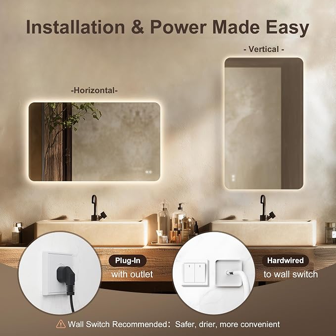 30''x40'' Lighted Mirrors for Bathroom Wall Backlit Rectangular LED Bathroom Mirror Frameless with Anti Fog, Dimmable, 3 Colors,Tempered Glass, Shatter-Proof