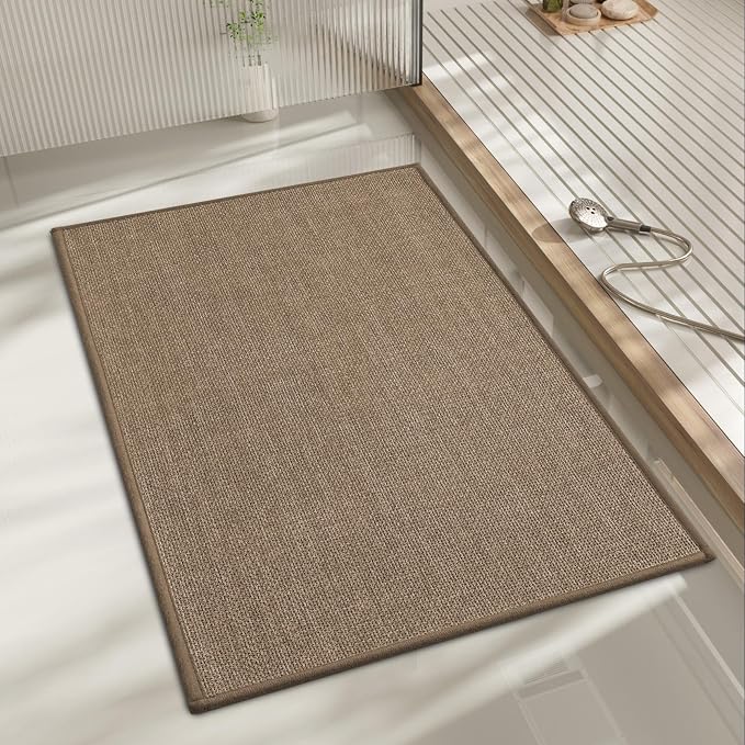 Bathroom Rugs Mat 24x17, Ultra Thin Non Slip Bath Mat Small Quick Dry Absorbent Bath Mat for Bathroom Floor, (Dark Beige, 24"x17")