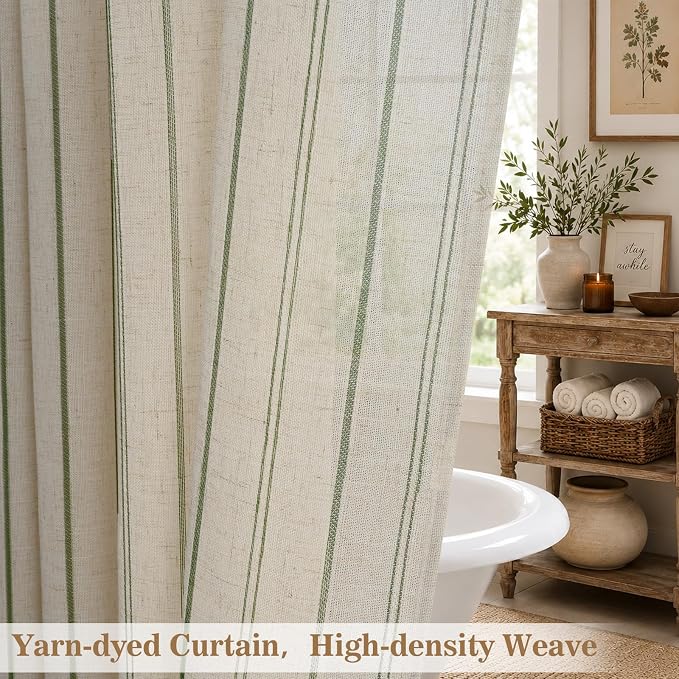 Yinhua Farmhouse Shower Curtain with Ruffle, Green Striped Linen Shower Curtains Set with Hooks for Bathroom, Country Vintage Long Bath Curtain Waterproof Weighted Washable Fabric, 72" W x 84" L