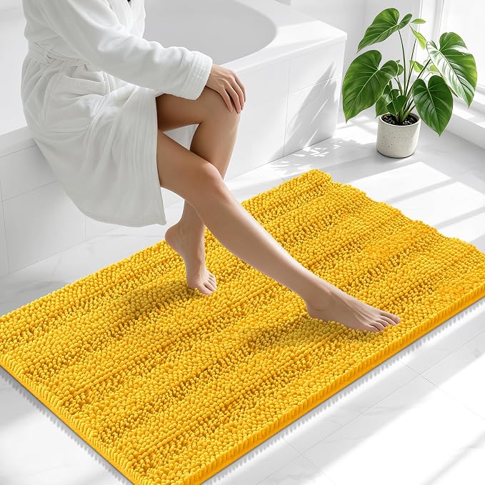 Smiry Thick Chenille Bathroom Runner Rugs 44x24, Bath Mat, Golden Yellow | Quick‑Dry & Machine Washable, Non‑Slip Bath Carpet, Soft Striped Bath Rugs for Tub & Shower, Modern Home Decor Accessories