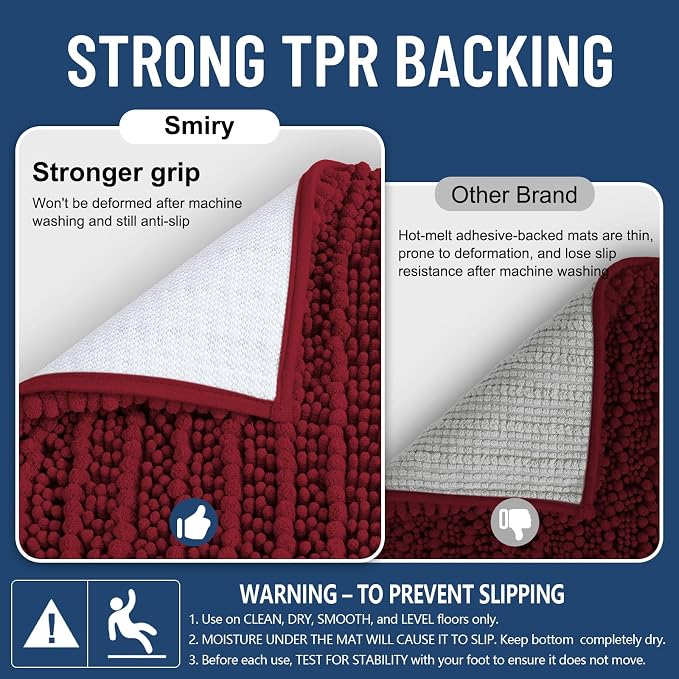 Smiry Bathroom Rugs 40X32, Extra Soft Rubber Backing Chenille Bath Mats | Red Machine Washable Non Slip Quick Dry Bath Mats for Bathroom Floor, Tub, Shower, Home Decor Accessories