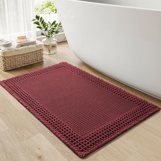 RESARE Waffle Bath Mat for Bathroom Non Slip Bathroom Rugs 18"x30" Dark Red | Absorbent Boho Bathroom Floor Mats Machine Washable Quick Dry, Soft Solid Bath Rugs with Tassels, Ideal Farmhouse Home Decor