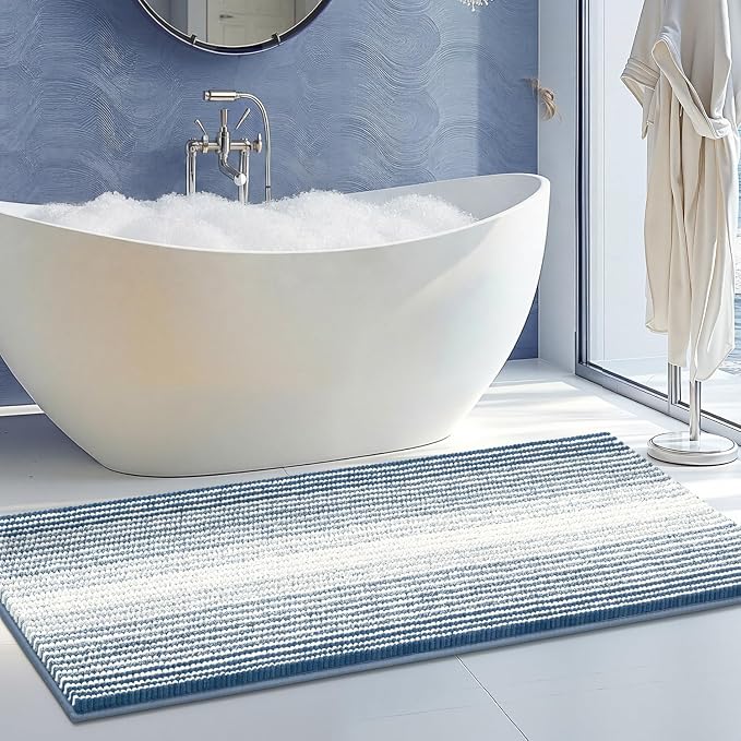 Chenille Bathroom Rugs, 21 x 60 Inches Non Slip Absorbent Bath Mat, Soft Shaggy Shower Bath Floor Mats for Bathroom, Machine Washable(Fog Blue)