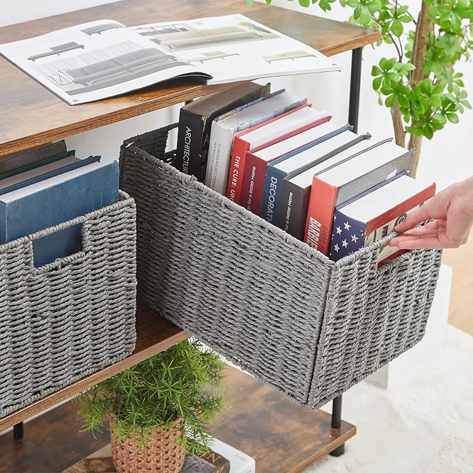 Wicker Storage Basket, Set of 2 Hand-Woven Paper Rope Wicker Basket, Small Storage Baskets for Organizing Toilet Paper Basket, Foldable Large Cube Storage Organizer Bins for Shelves (Grey)