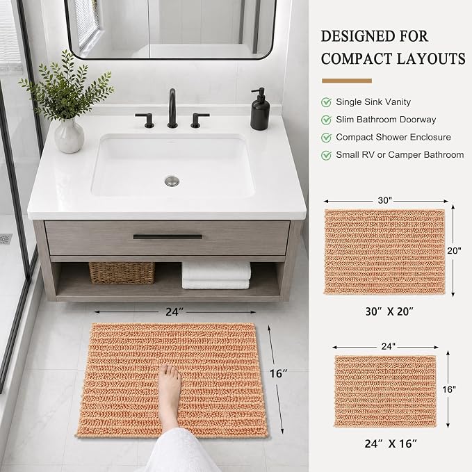 Arotive Bathroom Rugs Mat 24x16, Soft Absorbent Chenille Shaggy Bath Mat | Peach, Machine Wash Dry, Bath Rugs for Bathroom Floor, Tub and Shower, Home Decor Accessories
