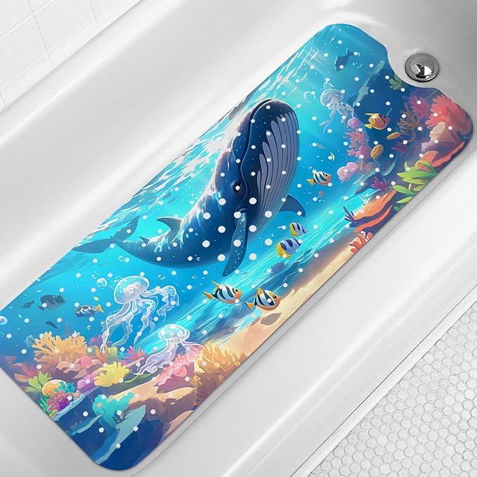 LNOND Bath Mat for Tub for Kids, Ocean Bathtub mat Non Slip,Blue Whales Bath Mats for Bathroom Non Slip with Drain Holes and Suction Cups,Machine Washable (40 X 16 Inch)