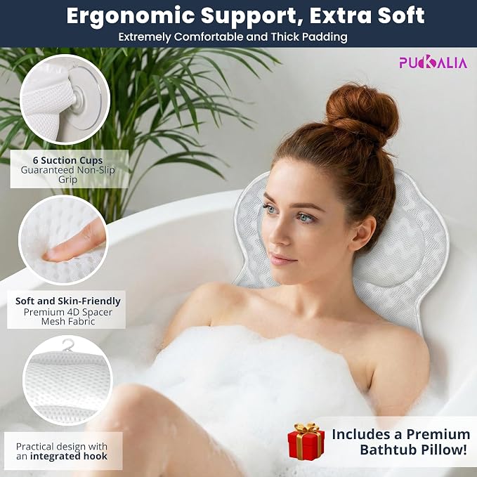 Bath Tray for Tub and Ergonomic Pillow Premium - Caddy Foldable 29 to 43 Inch - Bamboo Wood Tub Organizer - Luxury Bathtub Tray - Bathroom Accessories for Mothers, Birthday Gifts for Mom