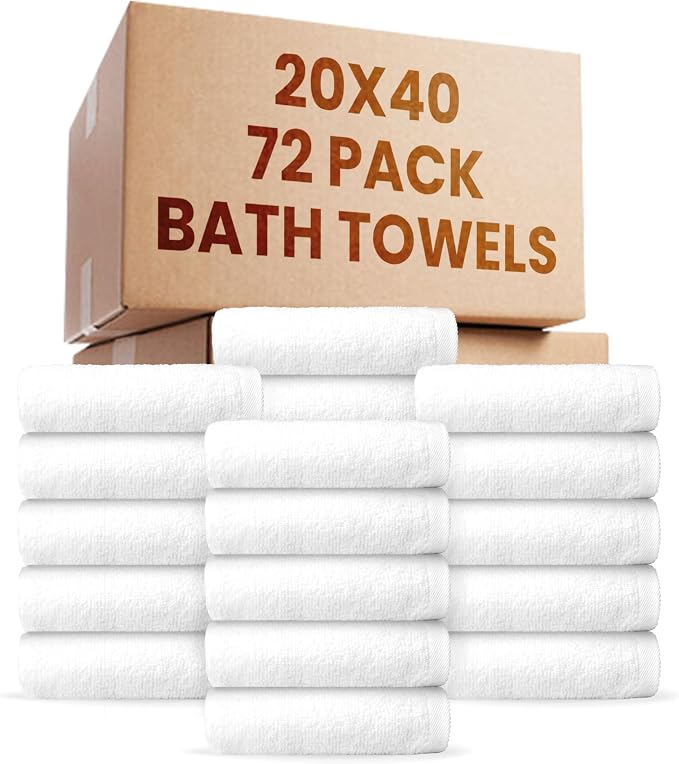 belem Bulk White Towels 20x40 – 72-Pack Commercial Bath Towels (6 Dozen) – Economy Lightweight, Durable, Fast -Drying Towels Bulk – Ideal for Hotels, Salons, Gyms & Spas – 5.5 lbs/Dozen (010606)