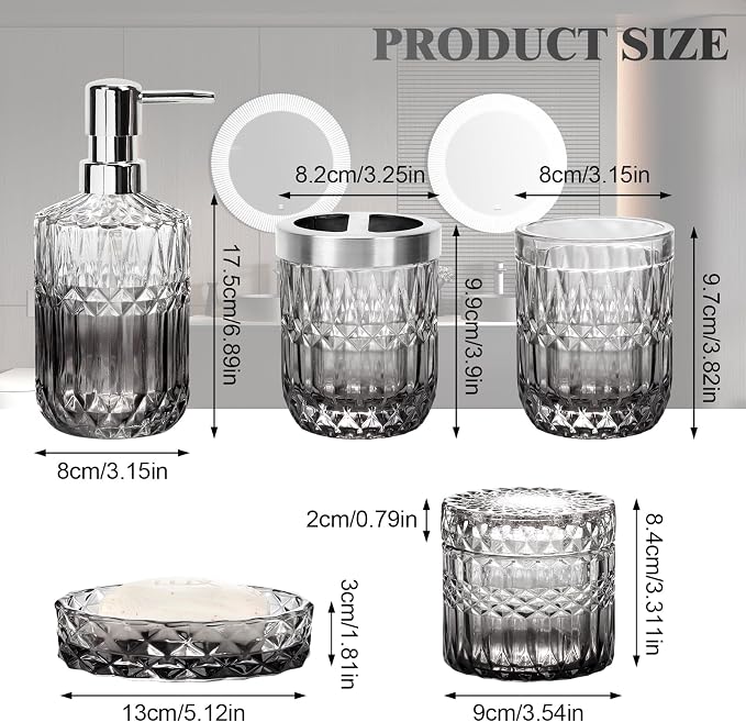Bathroom Accessories Set, 5Pcs Bathroom Soap Dispenser Set, Glass Bathroom Accessories with Glass Soap Dispenser, Soap Dish, Toothbrush Holder, Tumbler, Cotton Swab Jar (Gradient Clear & Black)
