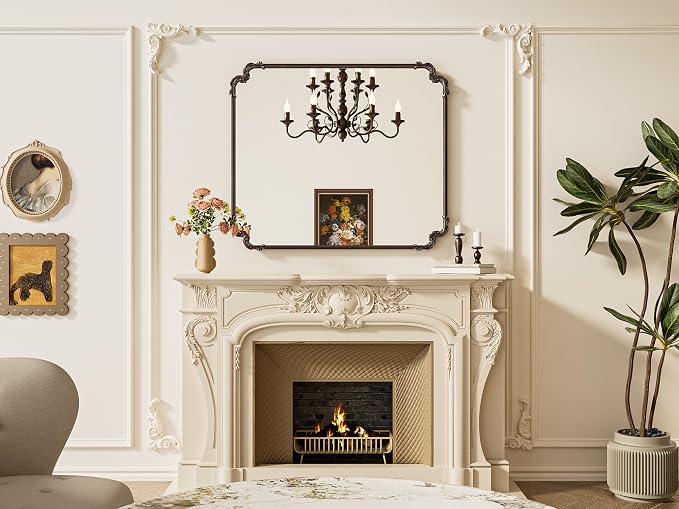 Baroque Antique Bronze Scroll Wall Mirror 42 x 36 Vintage Rectangle Framed Baroque French Rectangular Mirror for Mantle Fireplace Bathroom Living Room, Horizontal/Vertical