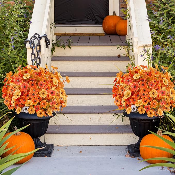 AGIRL Artificial Fall Flowers Fake Mums Outdoor,Faux Plant Porch Decor Home | 16 Bundles,No Fade Autumn Plastic Flowers for Thanksgiving Decoration,Hanging Planters Outside Pottery Barn Garden Patio