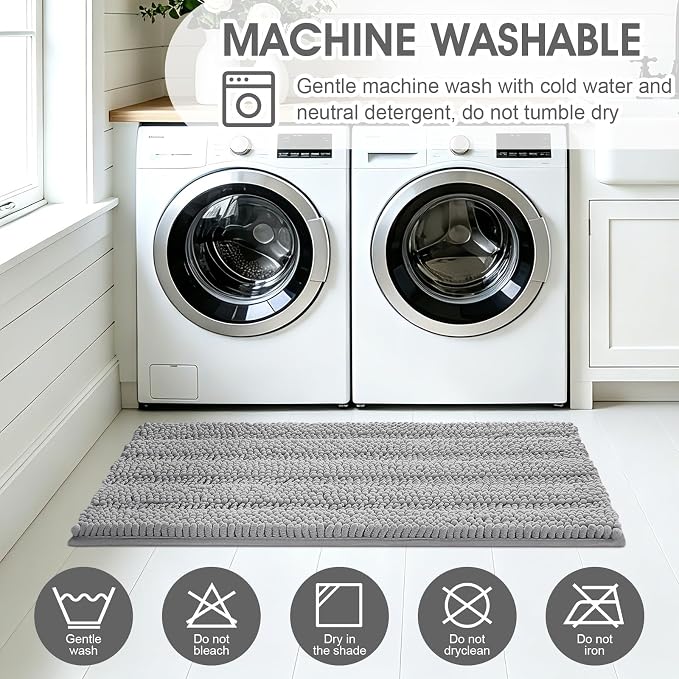 Striped Light Grey Bathroom Rug Mat Set 2 piece 24"x17"+48"x20" Ultra Soft, Non Slip Chenille Bath Rugs, Absorbent Plush Shaggy Bath Mats for Bathroom, Bedroom, Kitchen, Shower, Tub,Light Gray