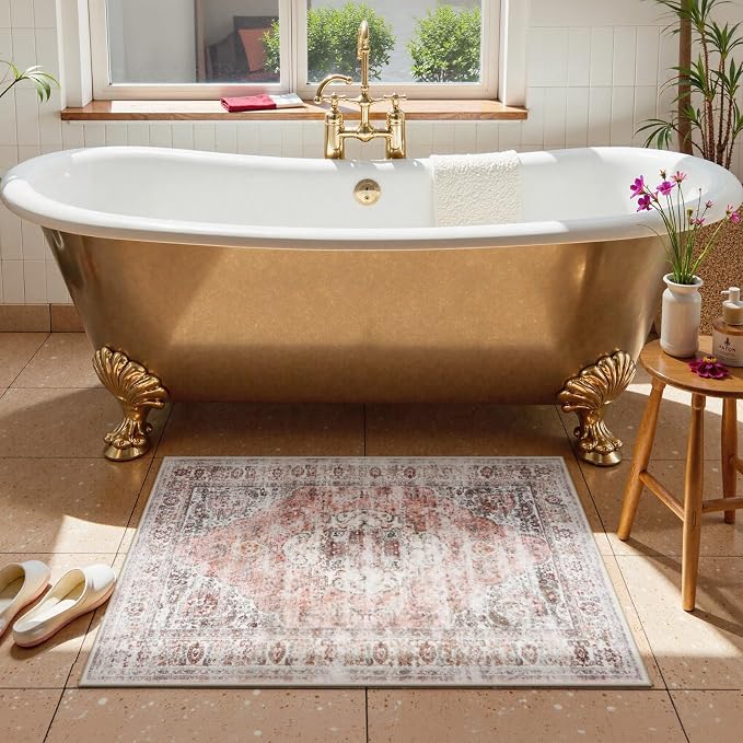 Uphome Boho Bathroom Rugs, Distressed Farmhouse Blush Pink Bath Mat, Comfy Velvet Small Bath Rugs Non Slip Washable, Vintage Oriental Toilet Rug for Sink Shower Vanity, 20x32 inch