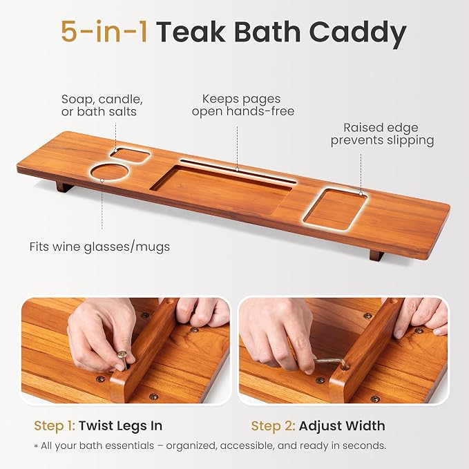39 Inch Teak Bathtub Tray for Freestanding Tubs, Luxury Bath Caddy | Heavy-Duty Non-Slip Zero-Wobble Design, Water-Resistant Spa Organizer with Wine Glass & Phone Holder