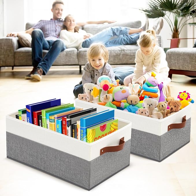 6 Pack Closet Storage Bins, Storage Baskets for Shelves | Linen Closet Organizers and Storage with Leather Handles for Clothes,Towels, Sheets, Jeans, Toys, Books (Grey and White)