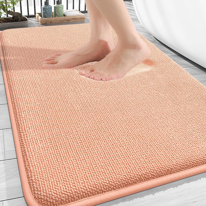 OLANLY Thick Memory Foam Bathroom Rugs 30x20, Absorbent Bath Mat, Peach | Soft Quick Dry Bath Rugs, Non-Slip, Machine Washable Carpet for Bathroom Floor, Tub and Shower, Home Decor Accessories