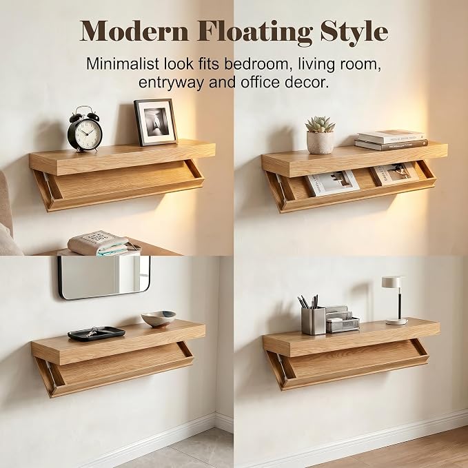 Floating Hidden Shelves for Wall with Concealed Storage Drawer, Hidden Shelf Night Stand with Secret Compartment, for Home Office Living Room, Wood