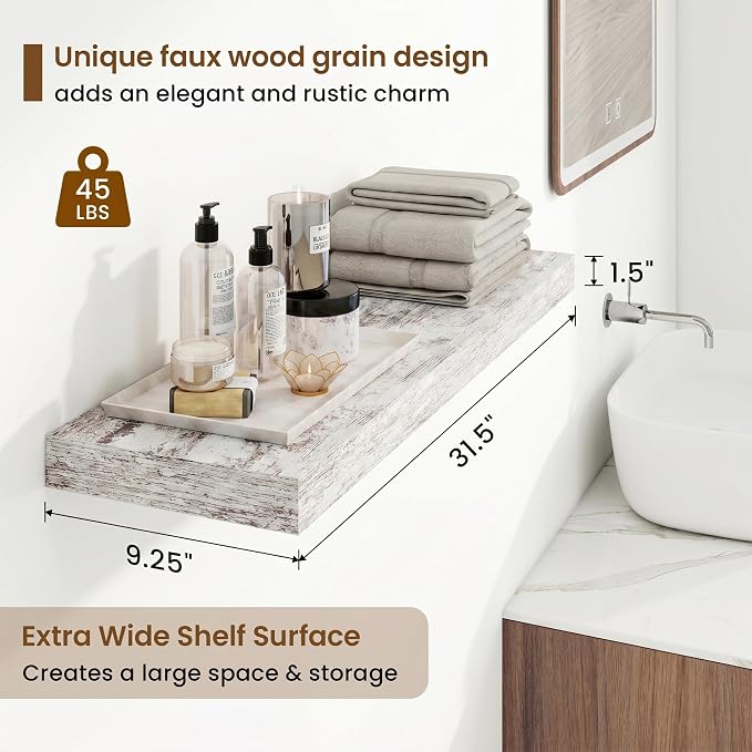 9.25in Depth 32in Floating Shelves, 32x9.25x1.4, Vintage White, Set of 2 | Wall Mounted Engineered Wood Shelves, Invisible Brackets for Living Room, Bedroom, Bathroom, Kitchen Decor and Storage
